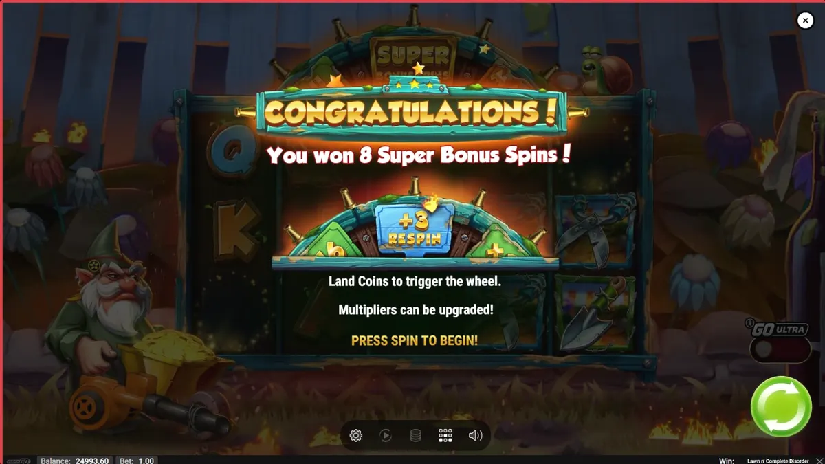 Tampilan visual slot Lawn N’ Complete Disorder dengan tema taman yang terbakar dan kurcaci.