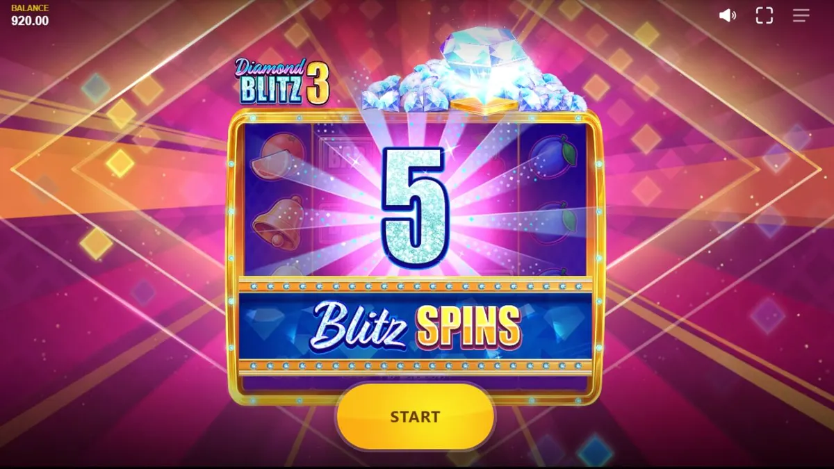 Tampilan visual slot Diamond Blitz 3 dengan simbol permata dan buah yang berkilau